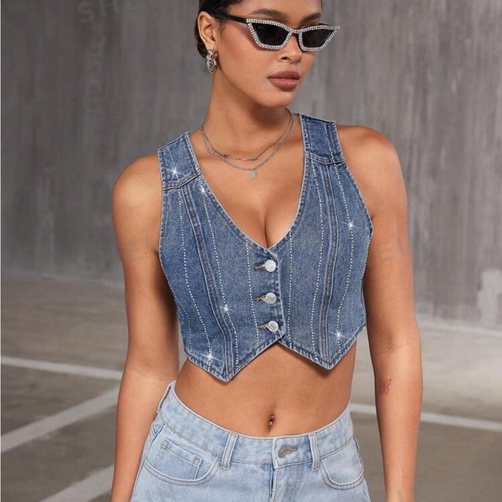Rebellious Rose Blue Denim Vest